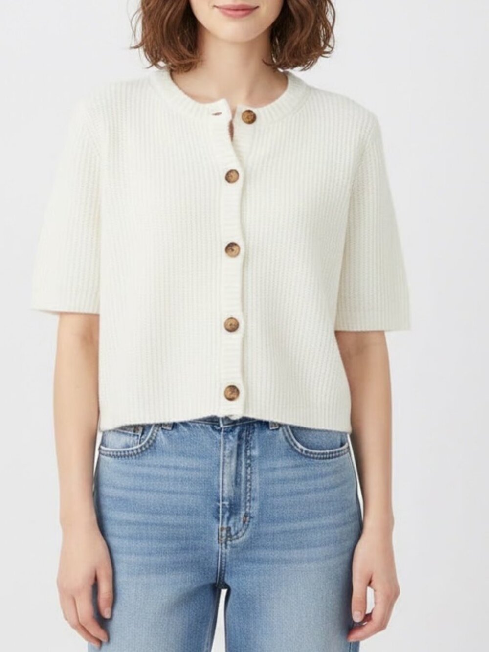 Womens Miss Love White (Item-319) Short Sleeve Pointelle Cardigan Sweater S​